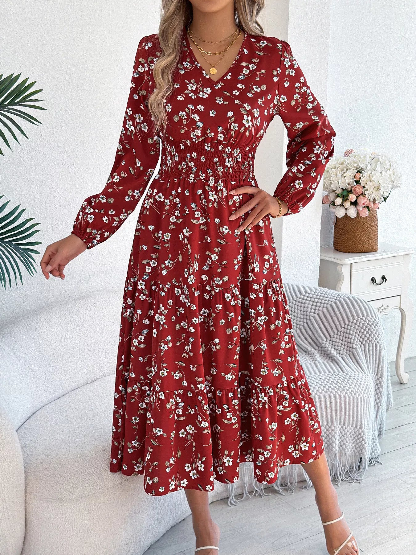 Hazel Blues® |  Floral Print Long Sleeve V-Neck Midi Dress