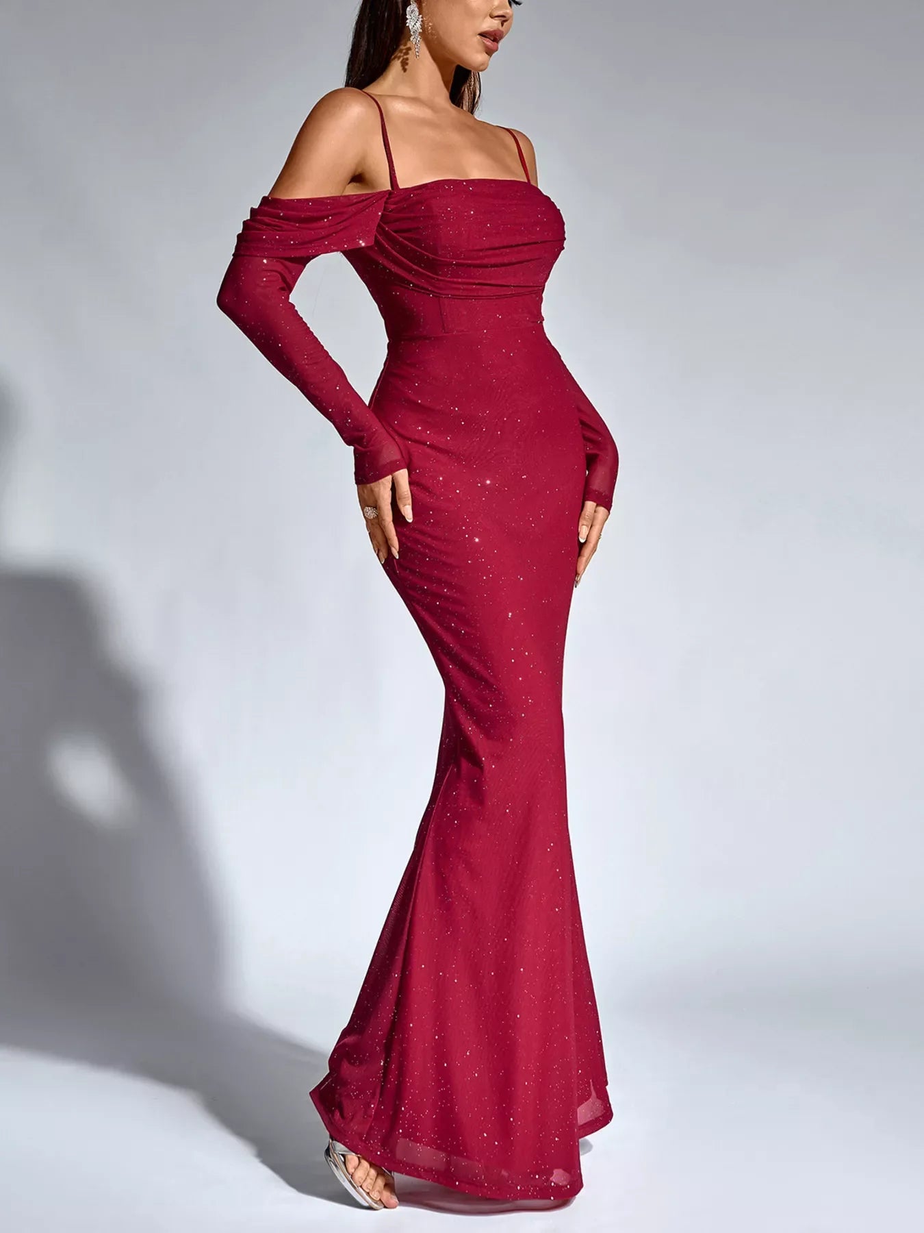 Hazel Blues® |  Glitter Ruched Long Sleeve Mermaid Maxi Dress