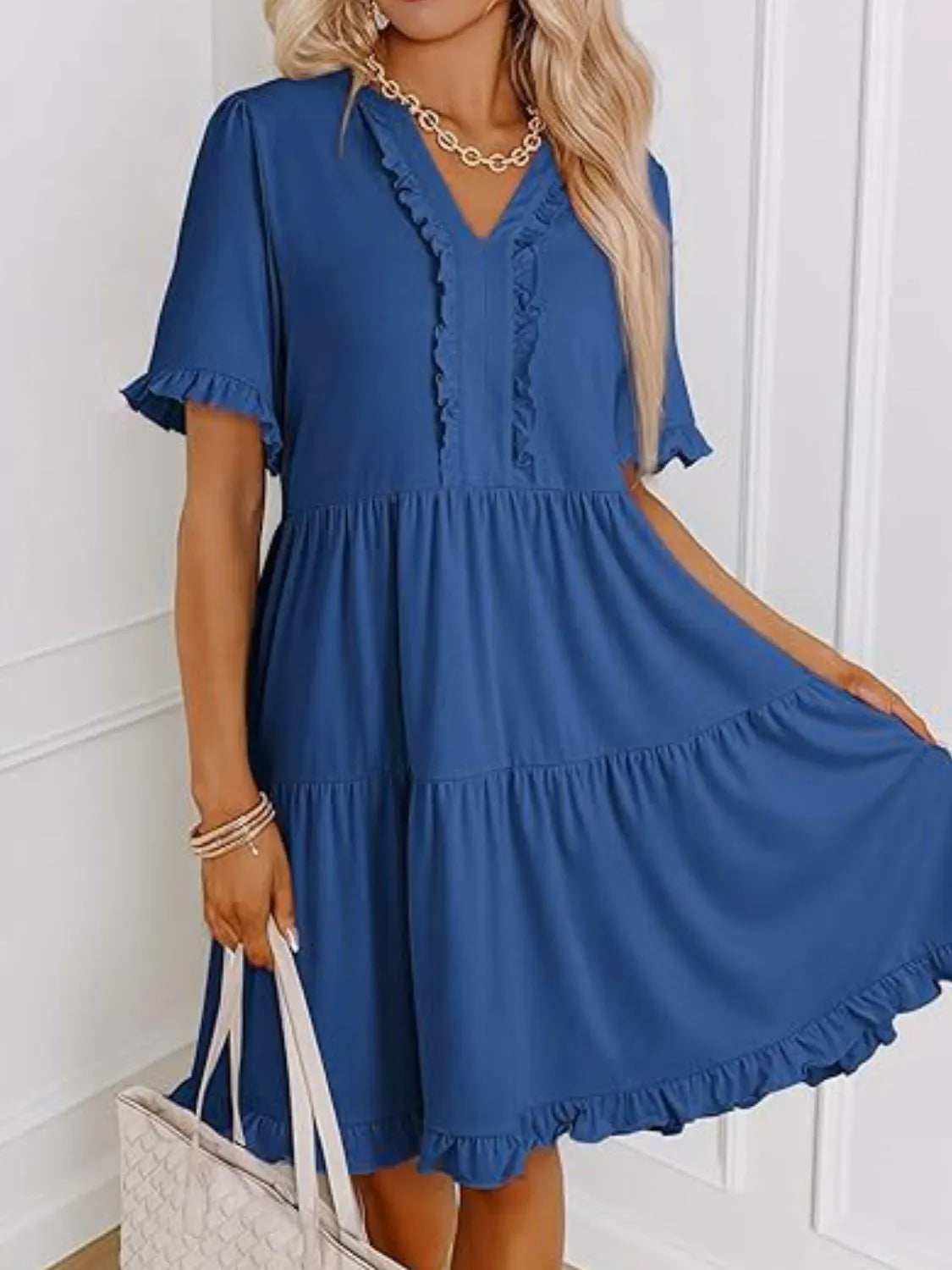 Hazel Blues® |  Tiered Notched Short Sleeve Mini Dress
