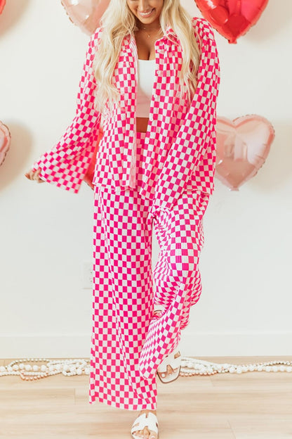 Hazel Blues® |  Checkerboard Print Long Sleeve Top and Pants Set
