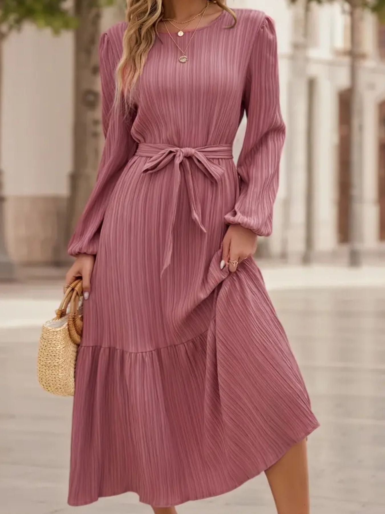 Hazel Blues® |  Tie Waist Tiered Midi Dress