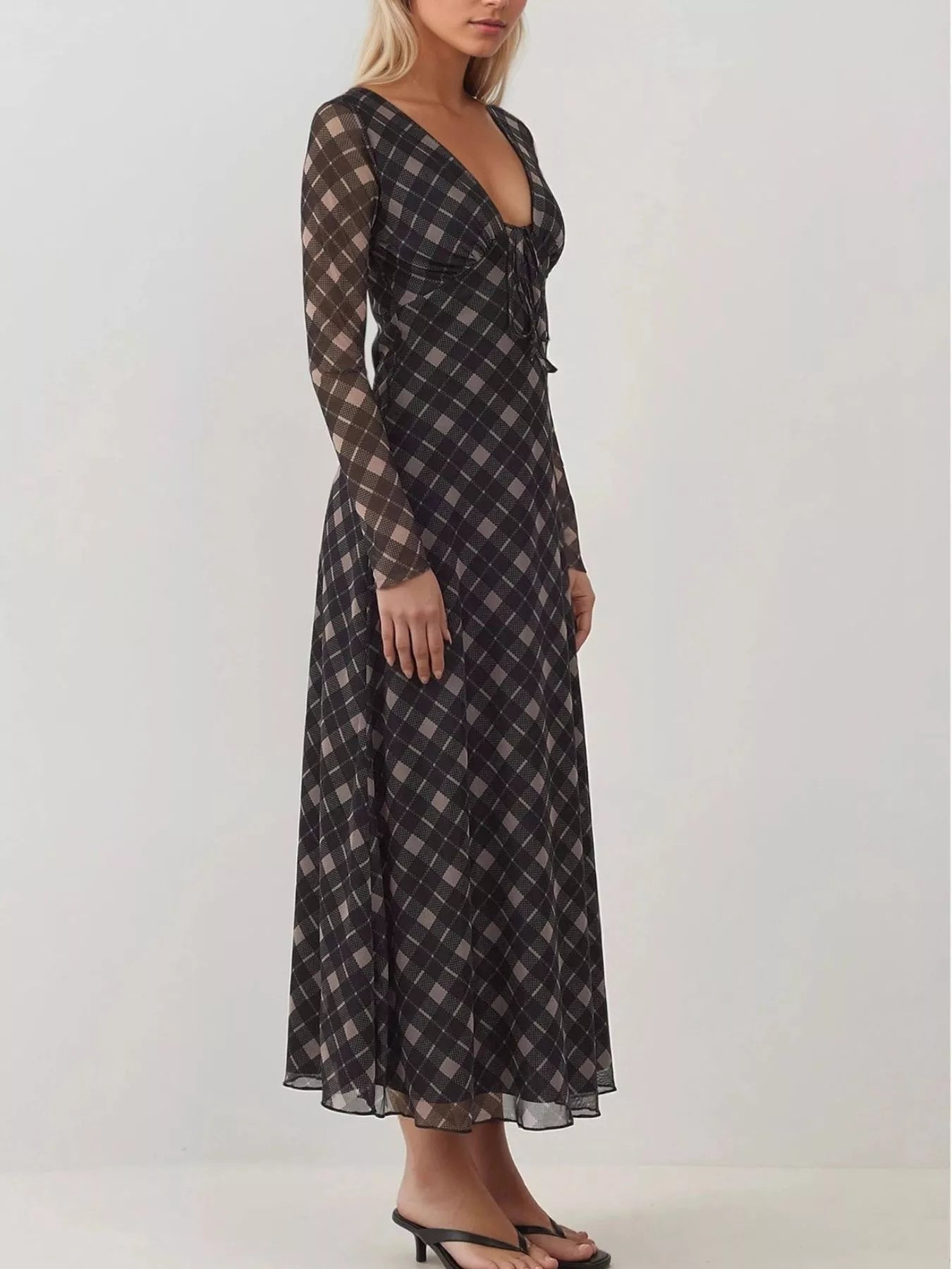 Hazel Blues® |  Tie Front Plaid Long Sleeve Dress