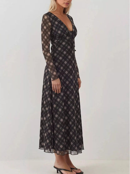 Hazel Blues® |  Tie Front Plaid Long Sleeve Dress