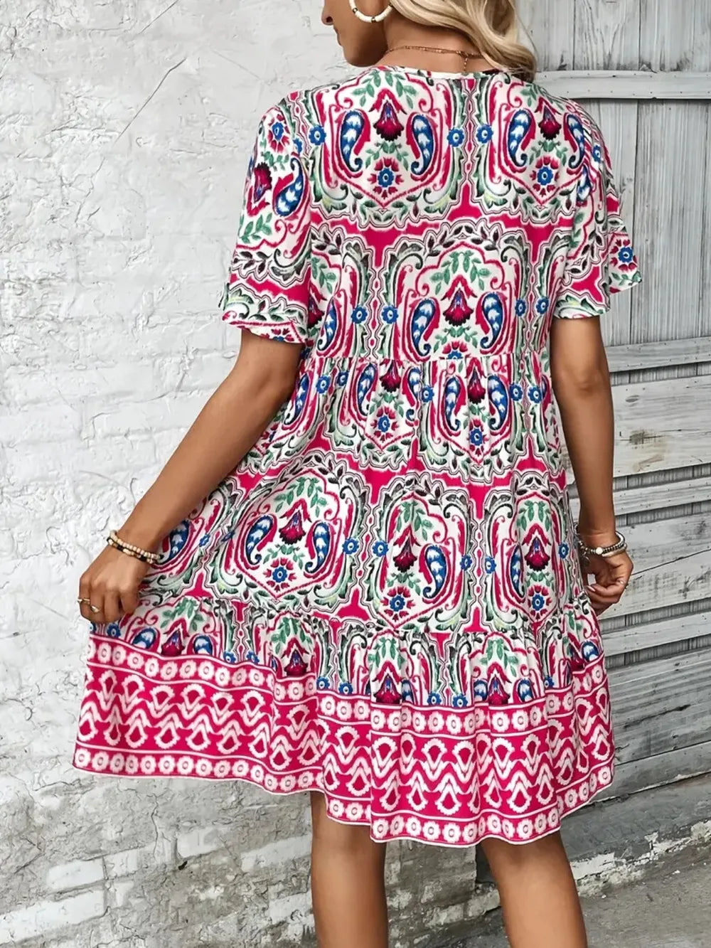 Hazel Blues® |  Printed Tie Neck Short Sleeve Dress