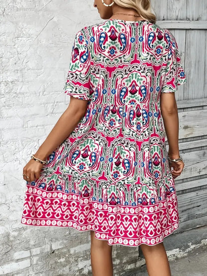 Hazel Blues® |  Printed Tie Neck Short Sleeve Dress