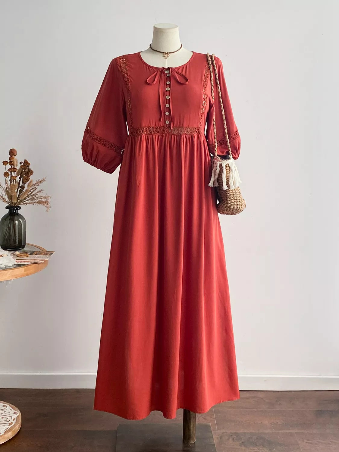 Hazel Blues® | Tie Neck Puff Sleeve Midi Dress with Lace Trim