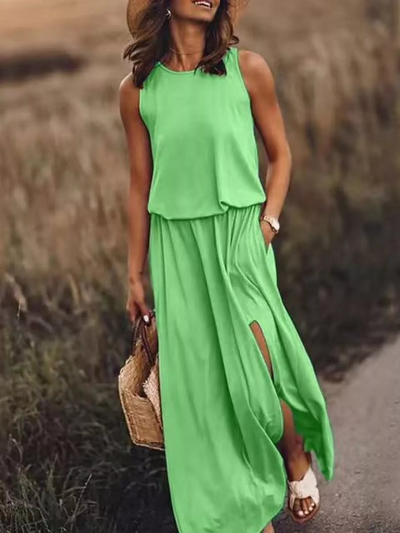 Hazel Blues® | Round Neck Sleeveless Slit Maxi Dress
