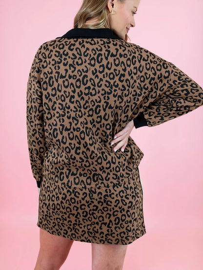 Hazel Blues® |  Leopard Print Half Zip Pullover & Drawstring Skirt Set