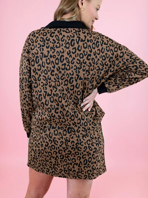 Hazel Blues® |  Leopard Print Half Zip Pullover & Drawstring Skirt Set