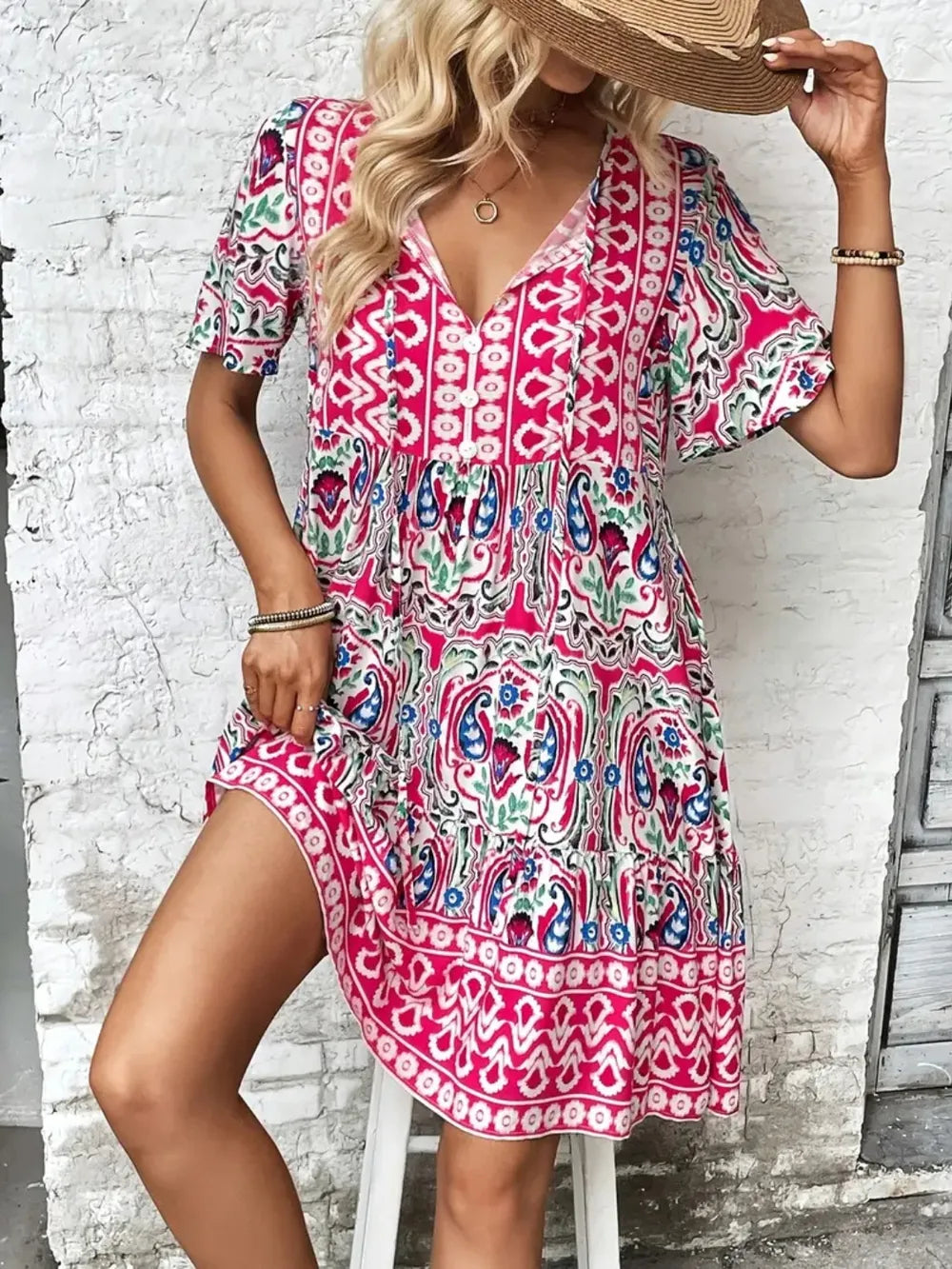 Hazel Blues® |  Printed Tie Neck Short Sleeve Dress