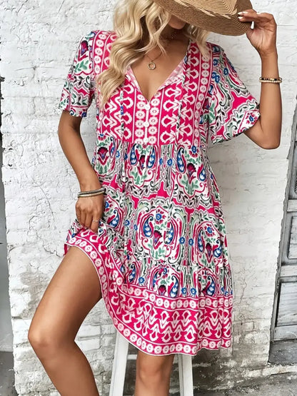 Hazel Blues® |  Printed Tie Neck Short Sleeve Dress