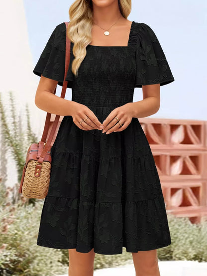 Hazel Blues® |  Smocked Square Neck Tiered Mini Dress