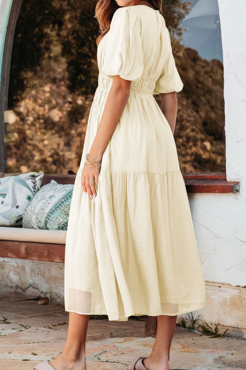 Hazel Blues® |  Puff Sleeve Pleated High Waist Flowy Midi Dress