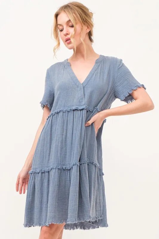 Hazel Blues® |  And The Why Washed Frayed Detail Tiered Dress