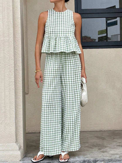 Hazel Blues® |  Gingham Sleeveless Top and Wide-Leg Pants Set