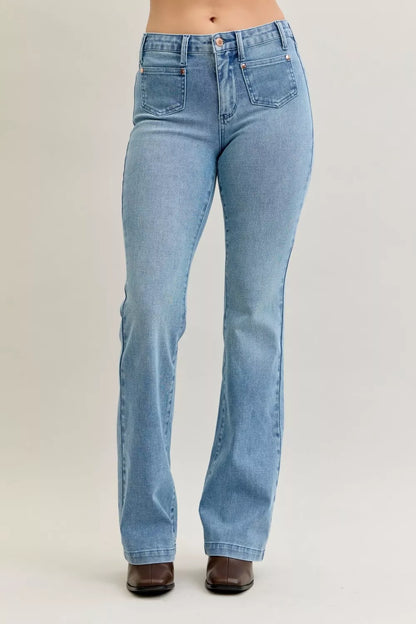 Hazel Blues® | Judy Blue Mid Rise Bootcut Jeans with Contrast Wash & Front Patch Pockets