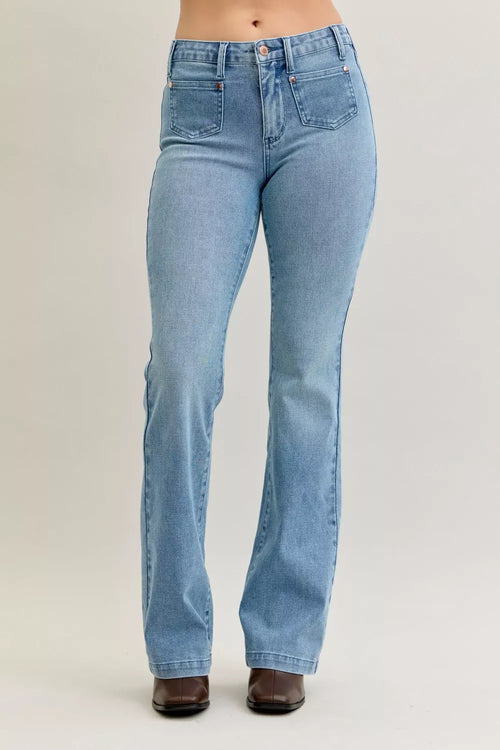 Hazel Blues® | Judy Blue Mid Rise Bootcut Jeans with Contrast Wash & Front Patch Pockets