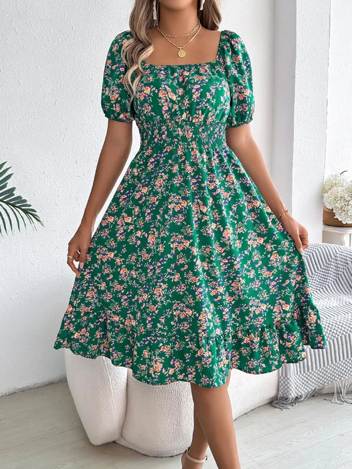 Hazel Blues® |  Ruffled Hem Floral Puff Sleeve Dress