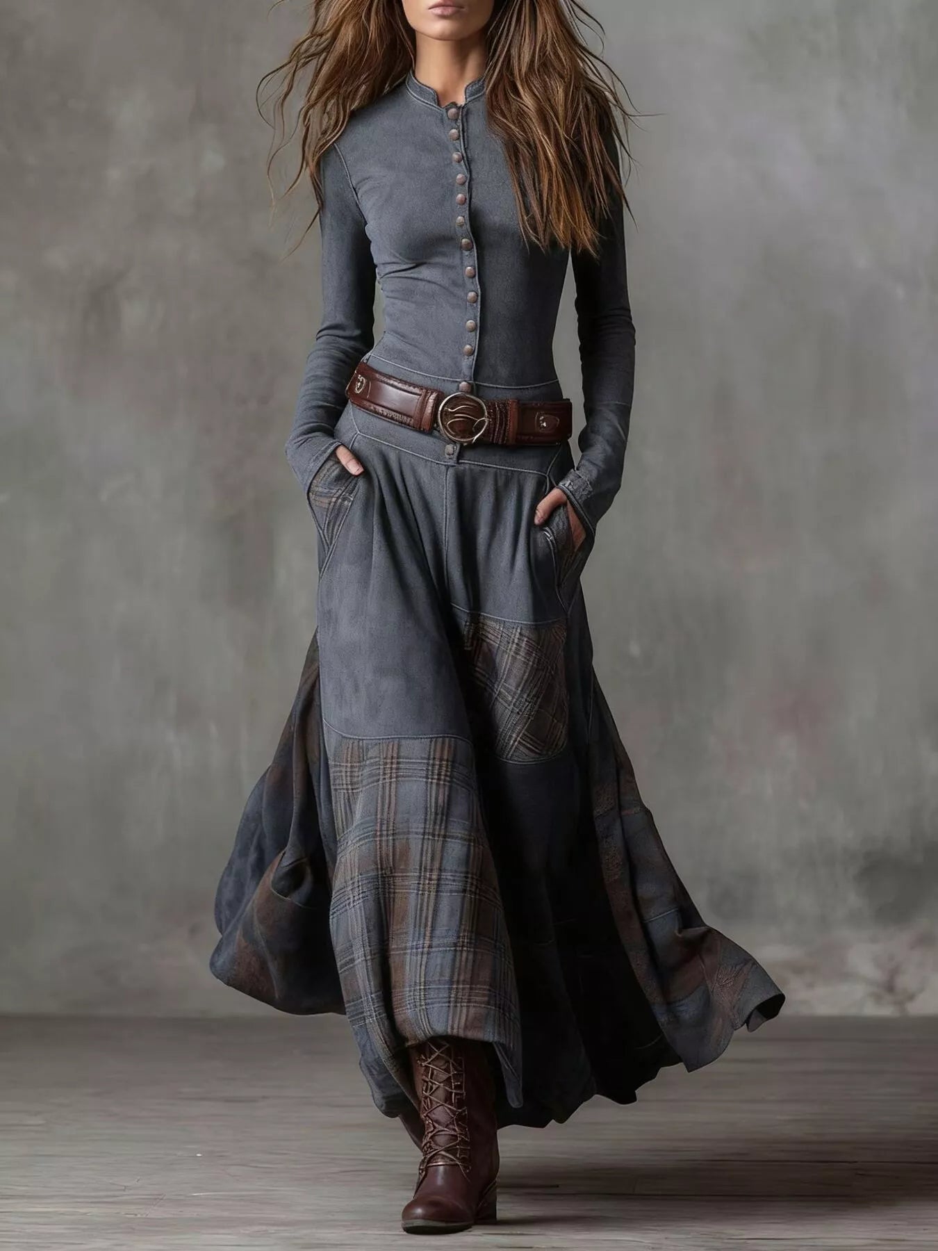 Hazel Blues® | Plaid Button Front Long Sleeve Dress