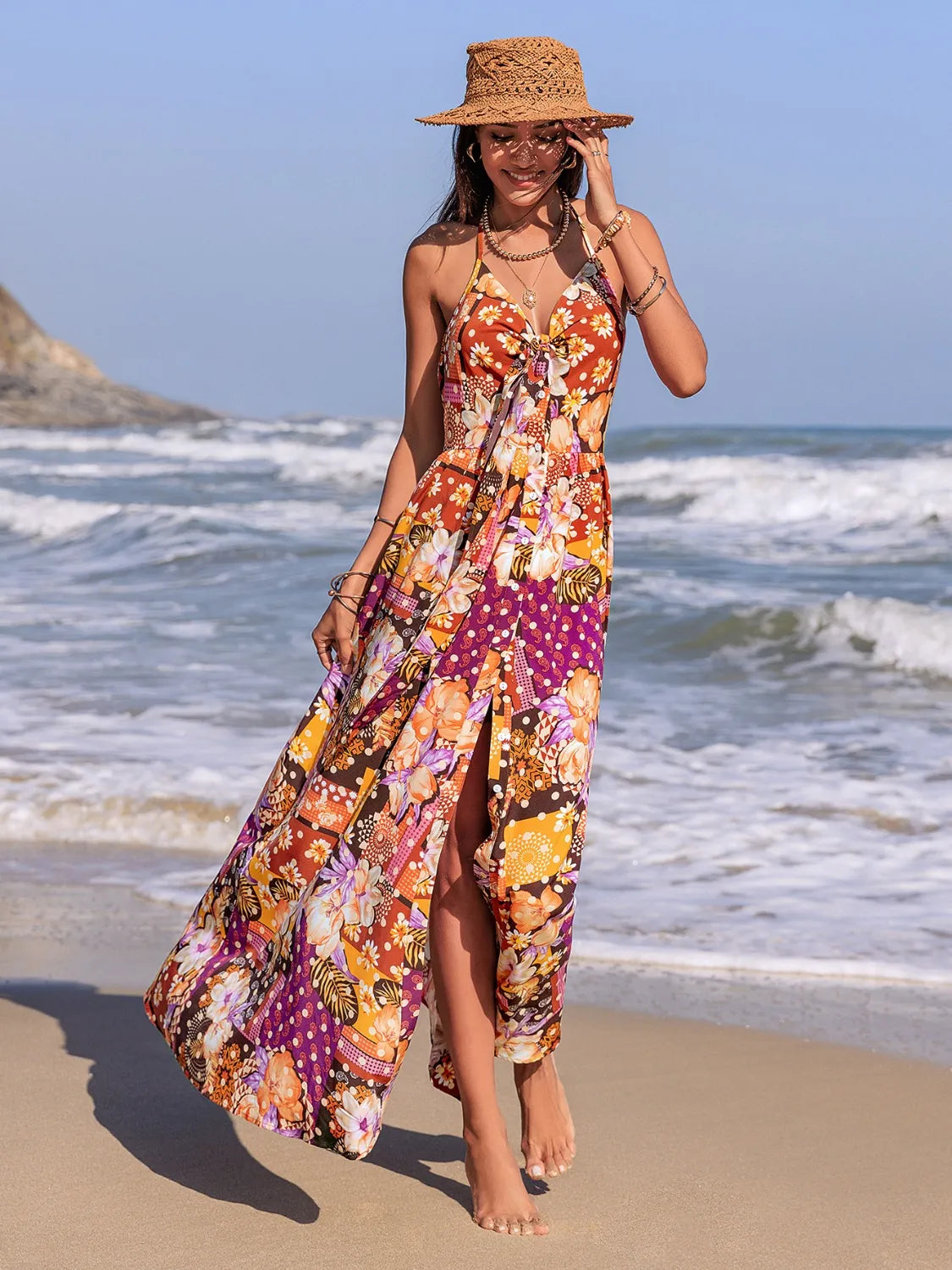 Hazel Blues® |  Slit Printed Halter Neck Cami Dress