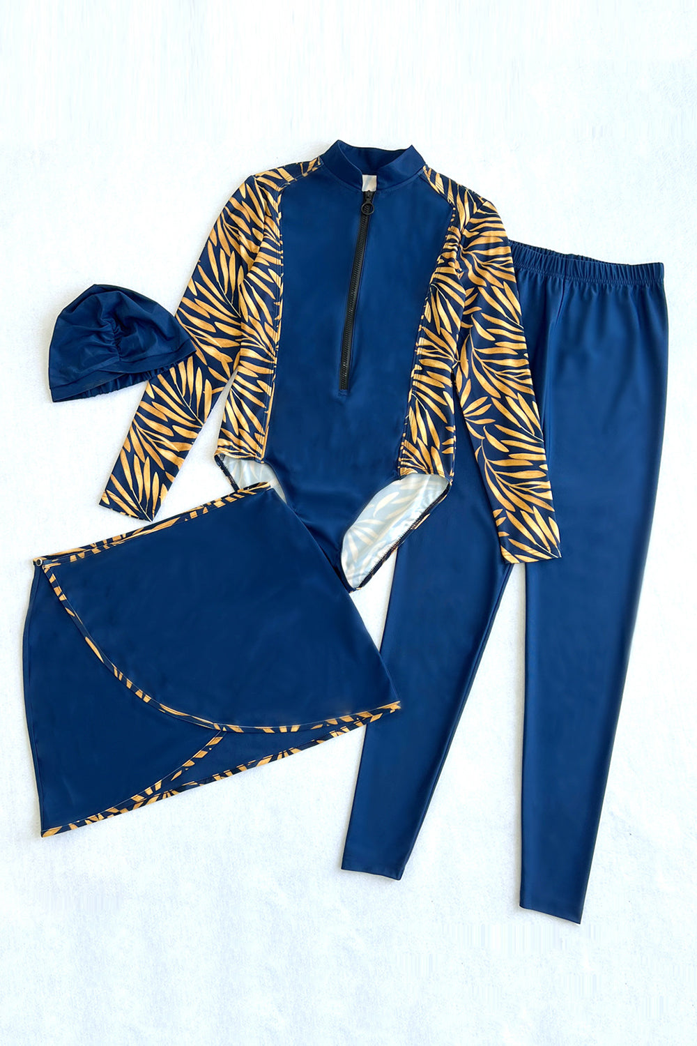 Hazel Blues® | Cap, Printed Long Sleeve Swimwear, Pants and Mini Skirt Four-Piece Swim Set