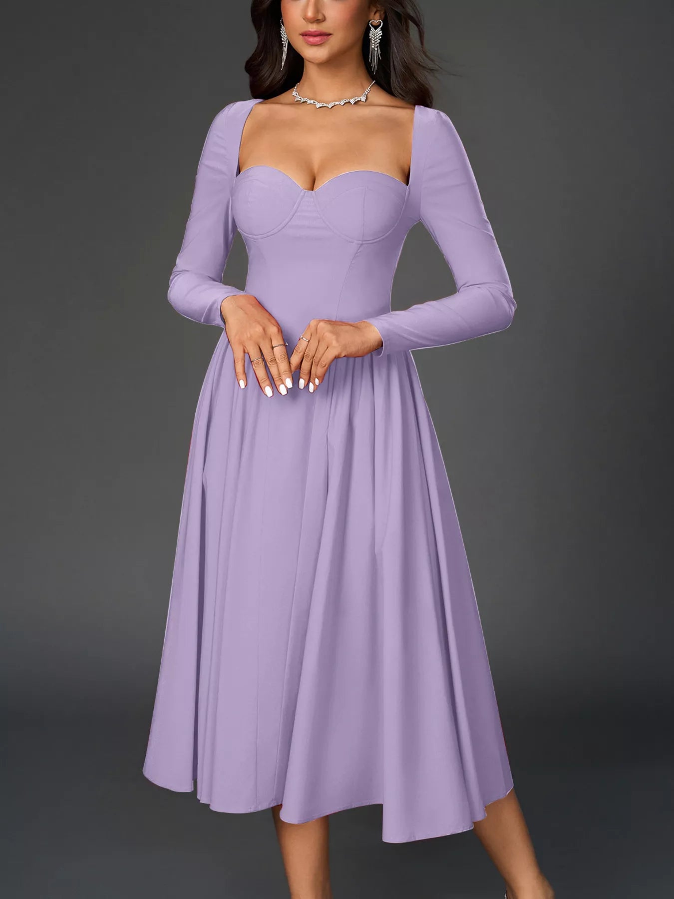 Hazel Blues® |  Sweetheart Neckline Long Sleeve A-Line Midi Dress