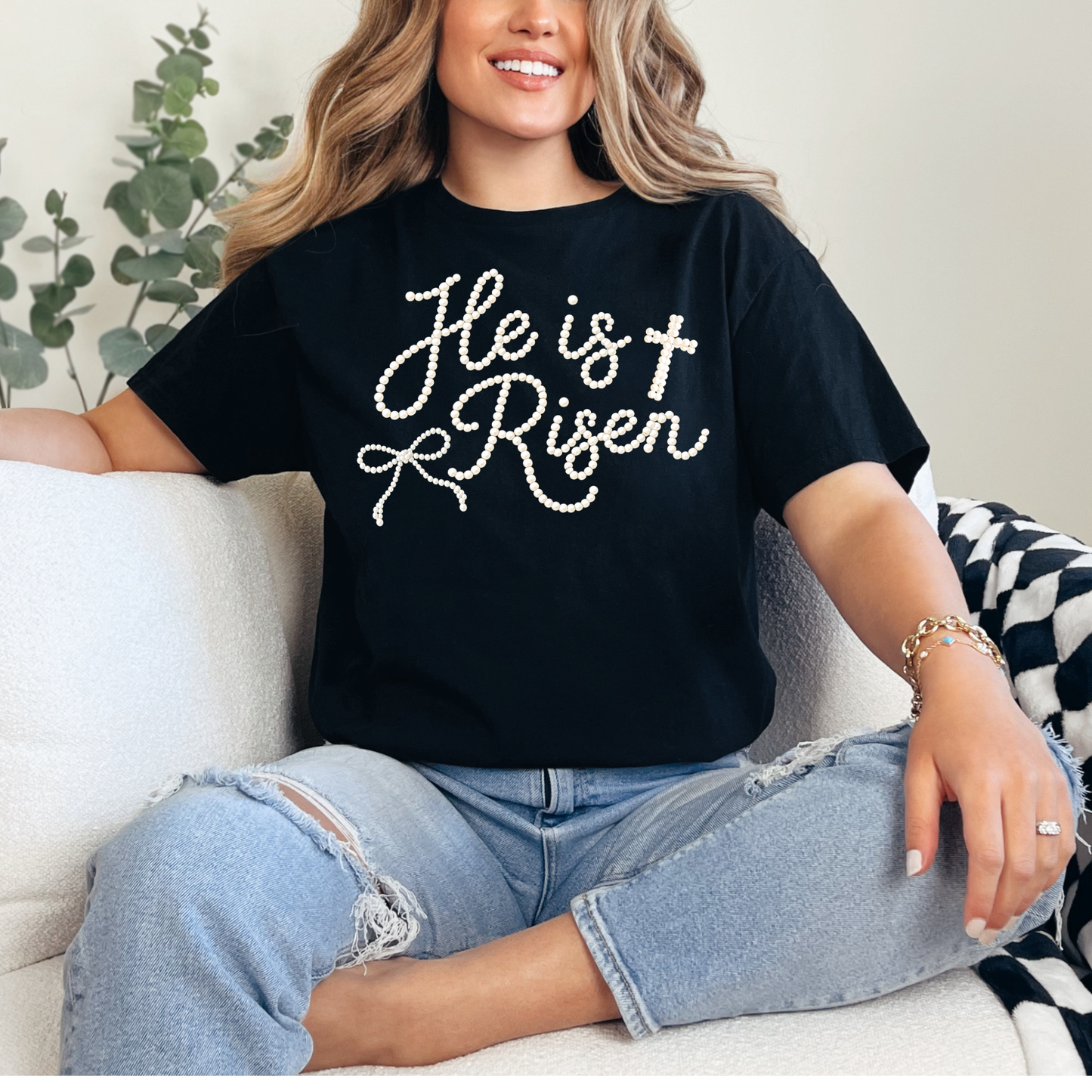Hazel Blues® |  He is Risen Faux Pearls Graphic Tee