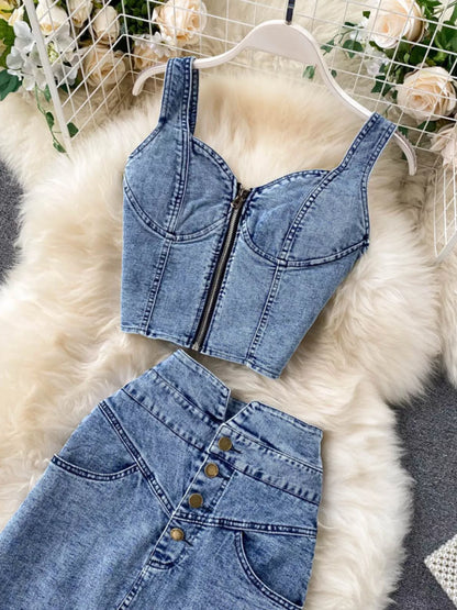 Hazel Blues® |  Zipper Top & Button Slit Skirt Denim Set