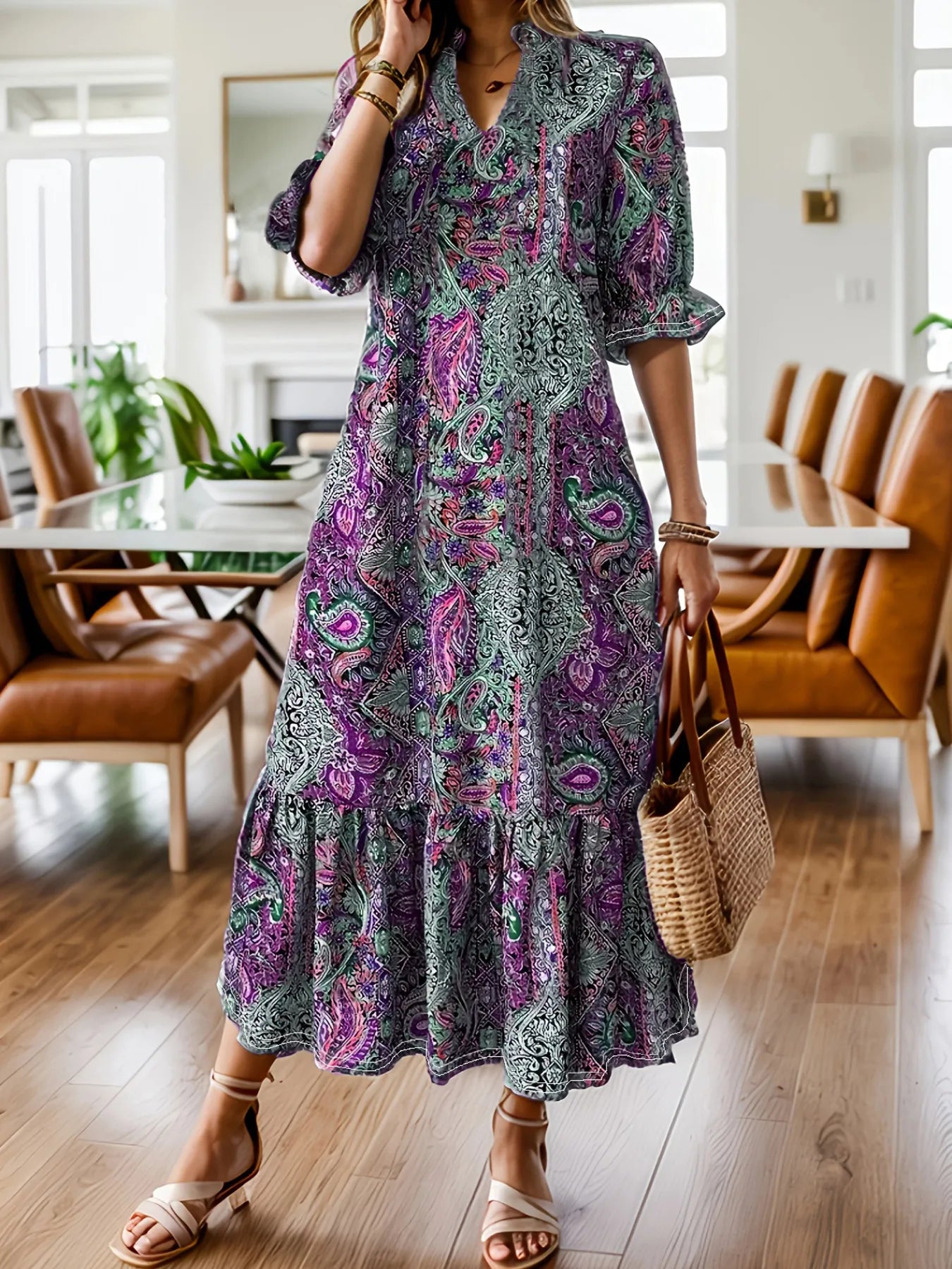 Hazel Blues® | Bohemian Paisley Print Ruffle Hem Midi Dress