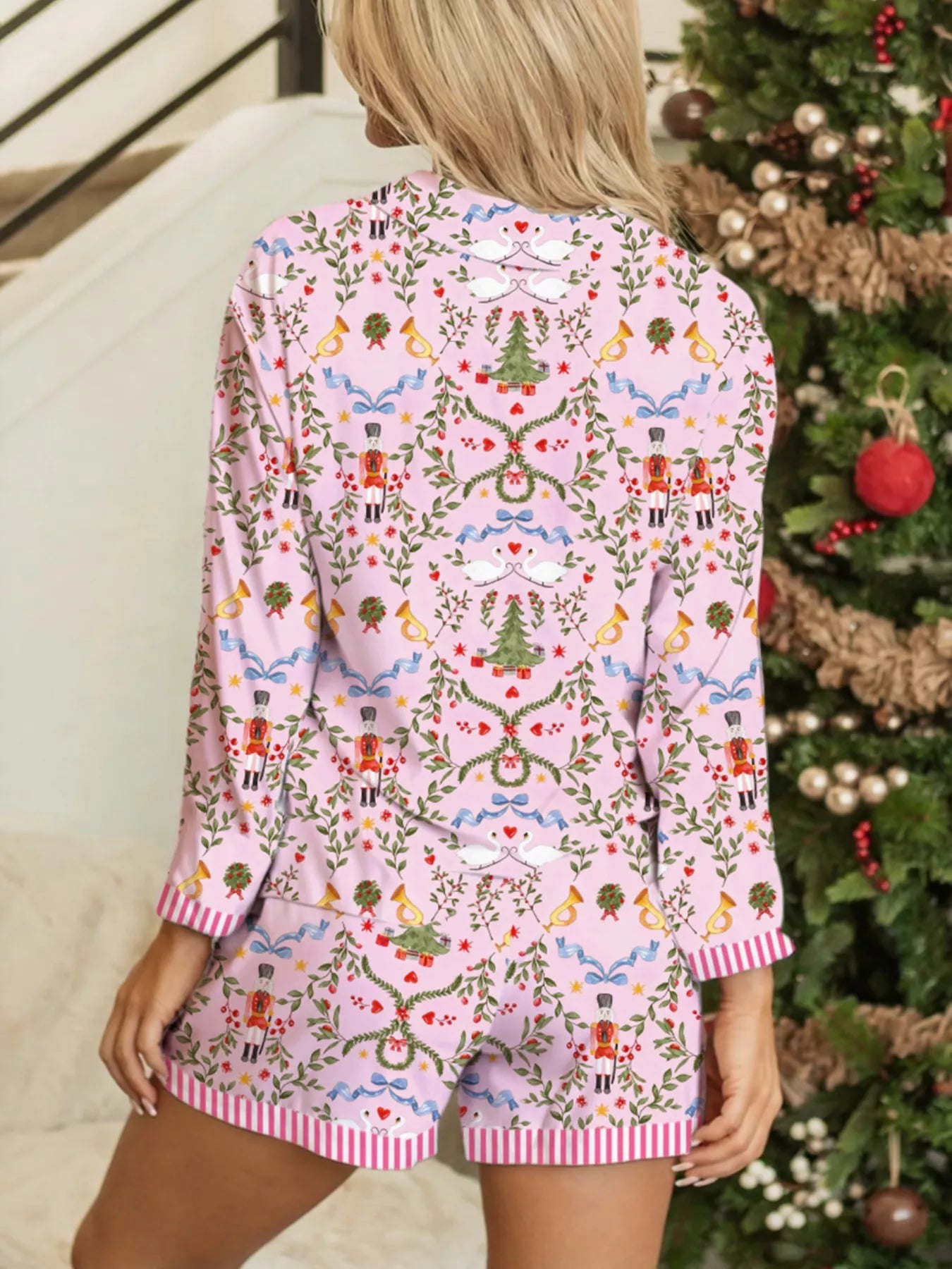 Hazel Blues® |  Christmas Holiday Print Nutcracker Long Sleeve Shorts 2pcs Pajama Set