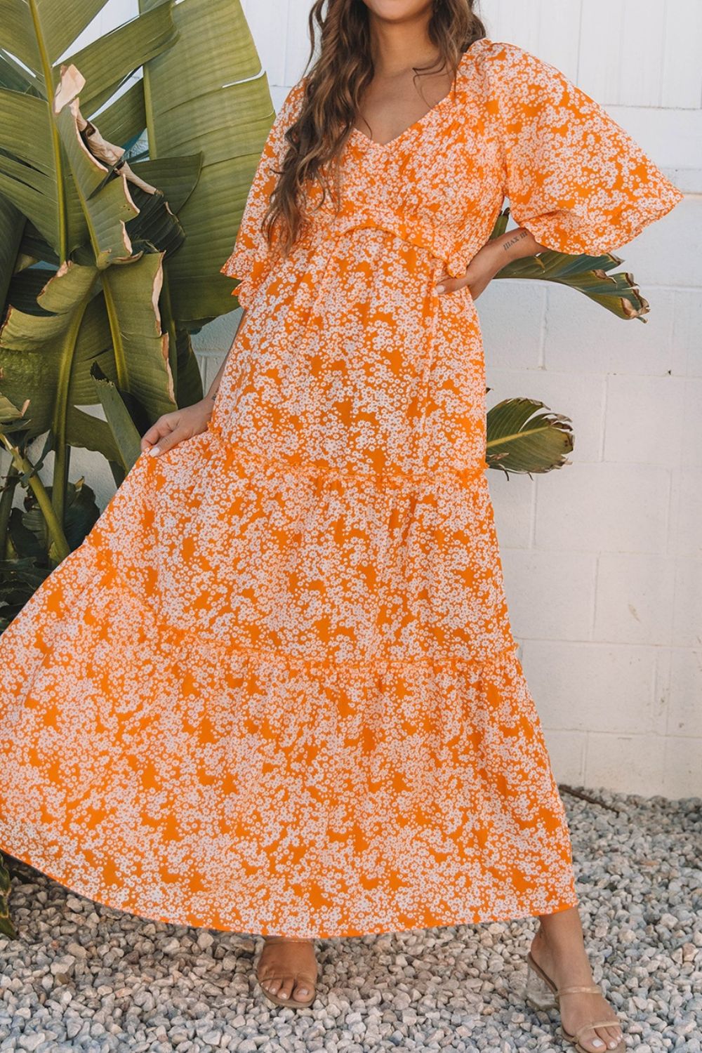 Hazel Blues® |  Floral Print Smocked V Neck Wide Sleeve Maxi Dress