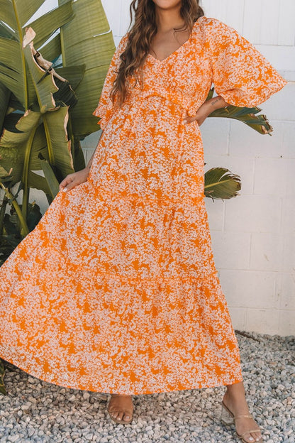 Hazel Blues® |  Floral Print Smocked V Neck Wide Sleeve Maxi Dress