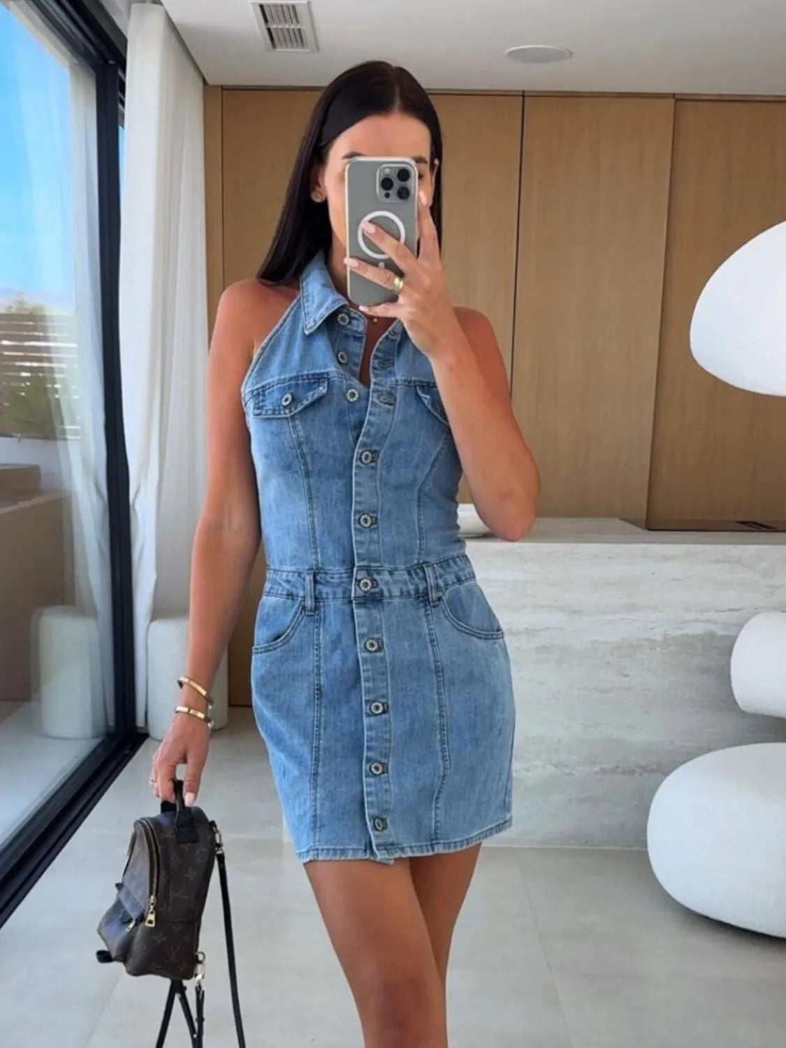 Hazel Blues® |  Button Front Sleeveless Denim Mini Dress