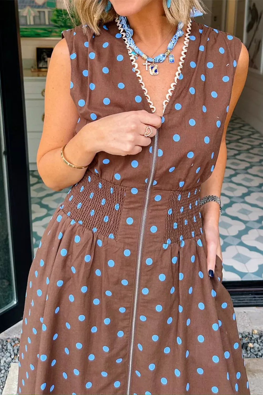 Hazel Blues® |  Polka Dot Zipper Front Midi Dress