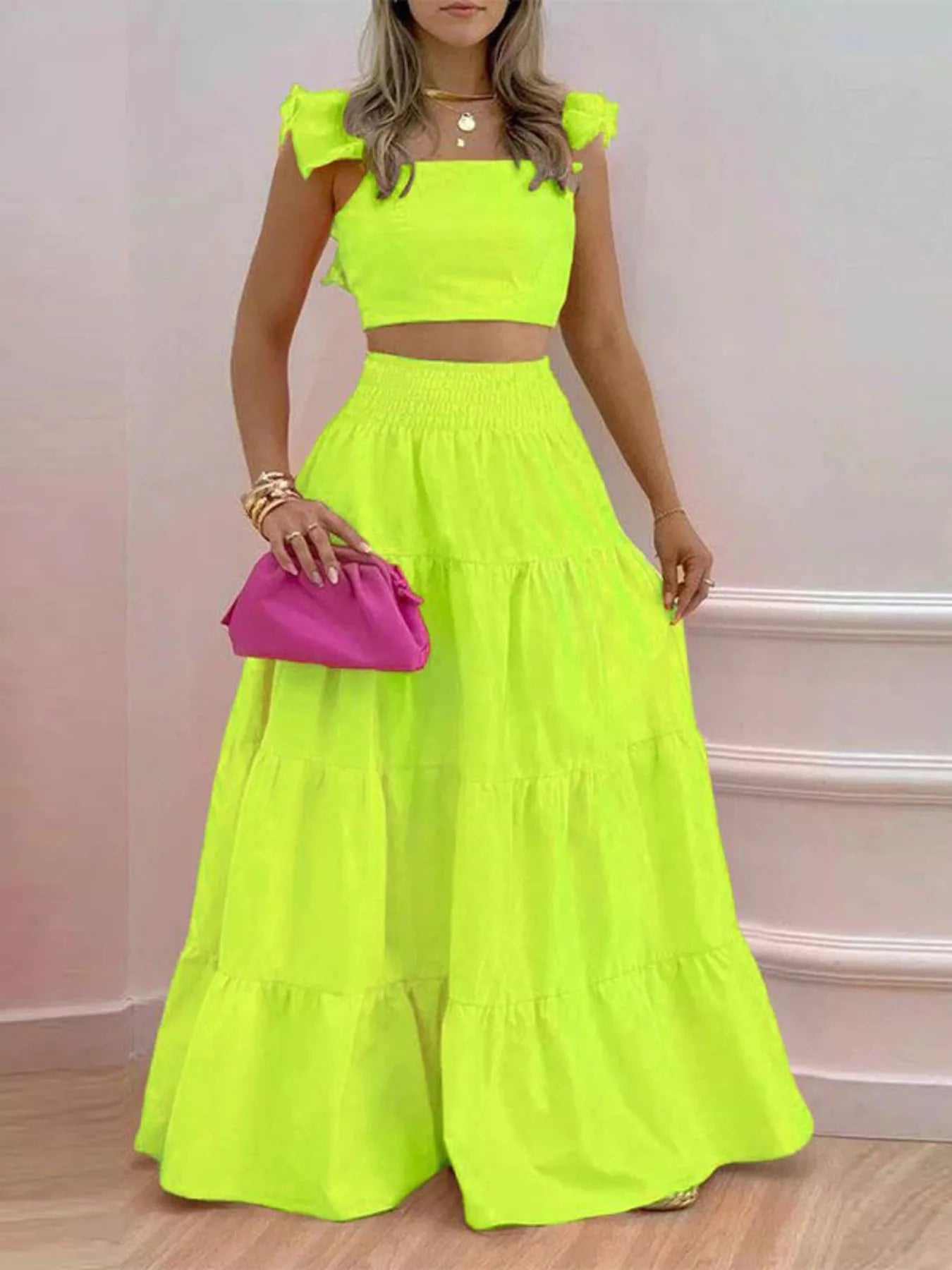 Hazel Blues® |  Crop Top and Tiered Maxi Skirt Set