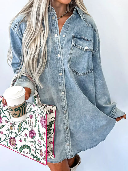 Hazel Blues® |  Chest Pocket Raw Hem Denim Loose Shirt Dress