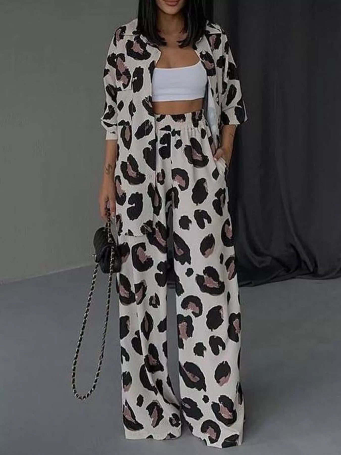 Hazel Blues® |  Leopard Print Relaxed Fit Shirt and Pants Two-Piece Set