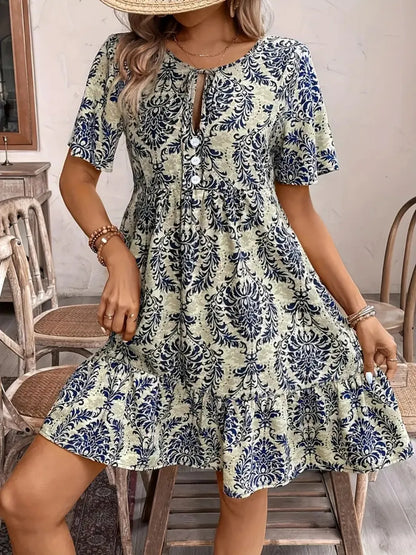 Hazel Blues® |  Printed Tie Neck Short Sleeve Dress