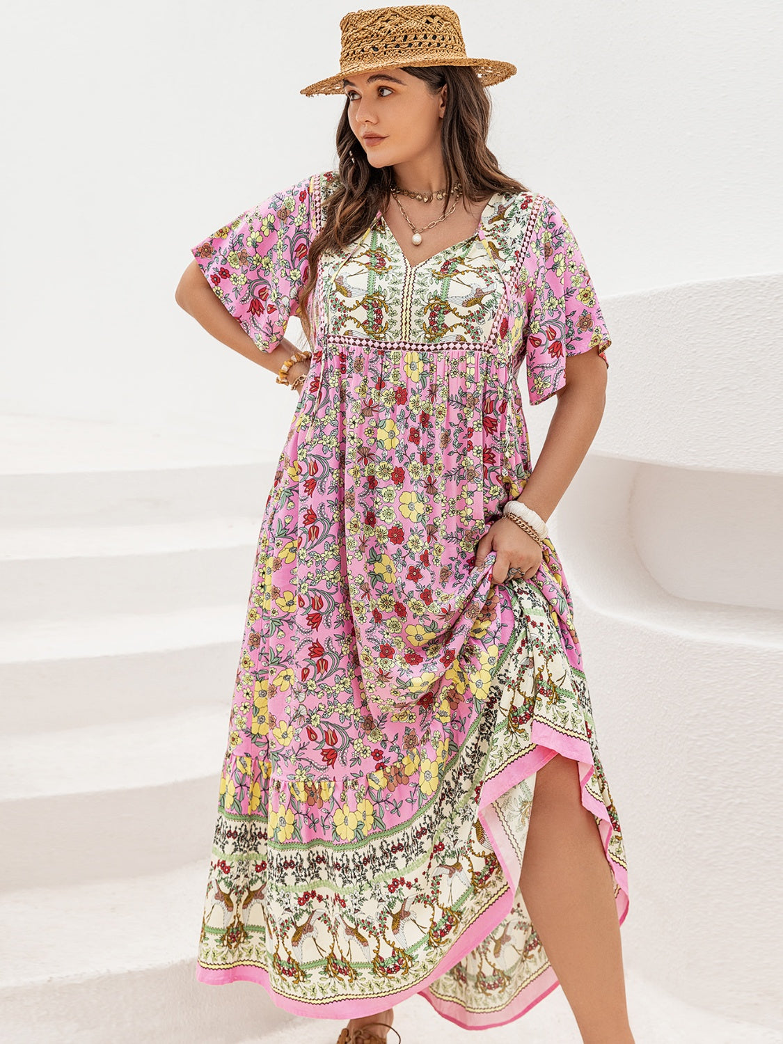 Hazel Blues® | Floral Tie Neck Flutter Sleeve Maxi Dress