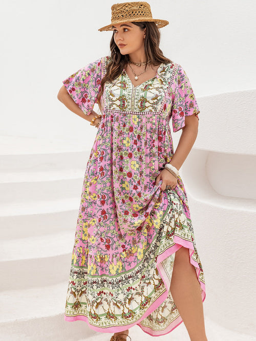 Hazel Blues® | Floral Tie Neck Flutter Sleeve Maxi Dress