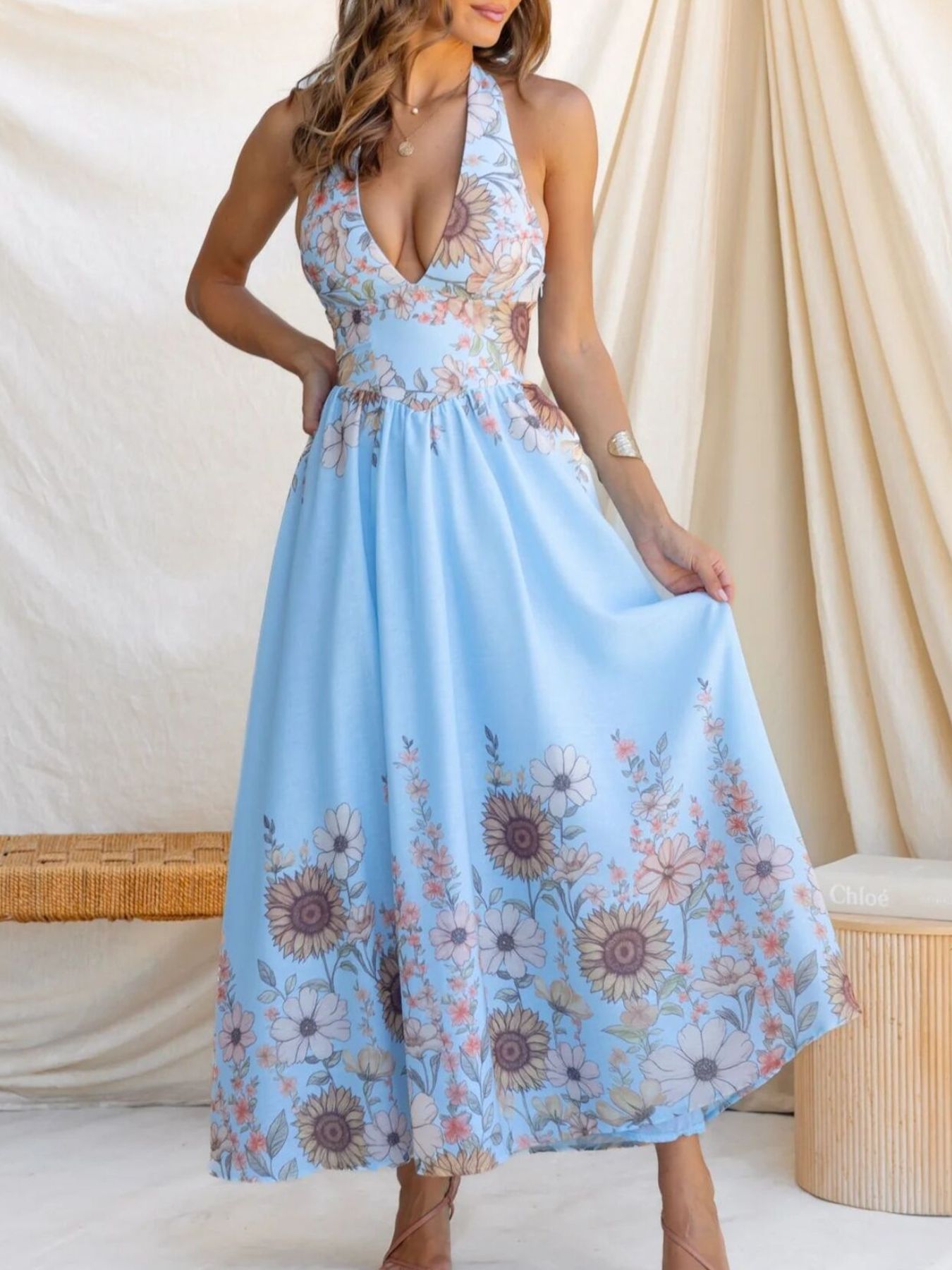 Hazel Blues® |  Floral Print Halter Neck Maxi Dress