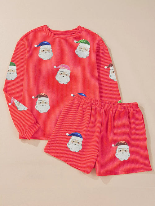 Hazel Blues® |  Twisted Ribbed Christmas Sequin Patched Top and Shorts Set