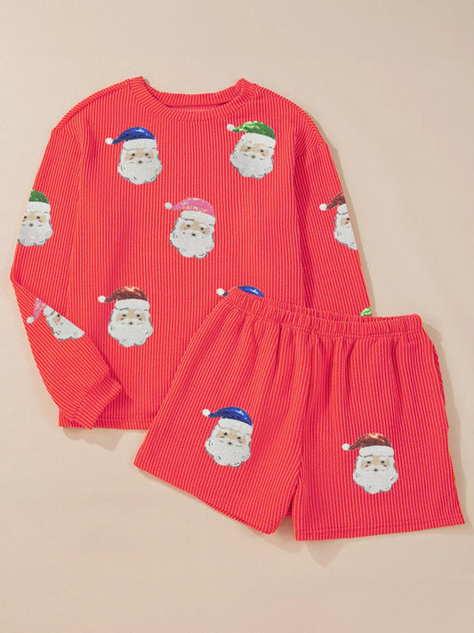 Hazel Blues® |  Twisted Ribbed Christmas Sequin Patched Top and Shorts Set