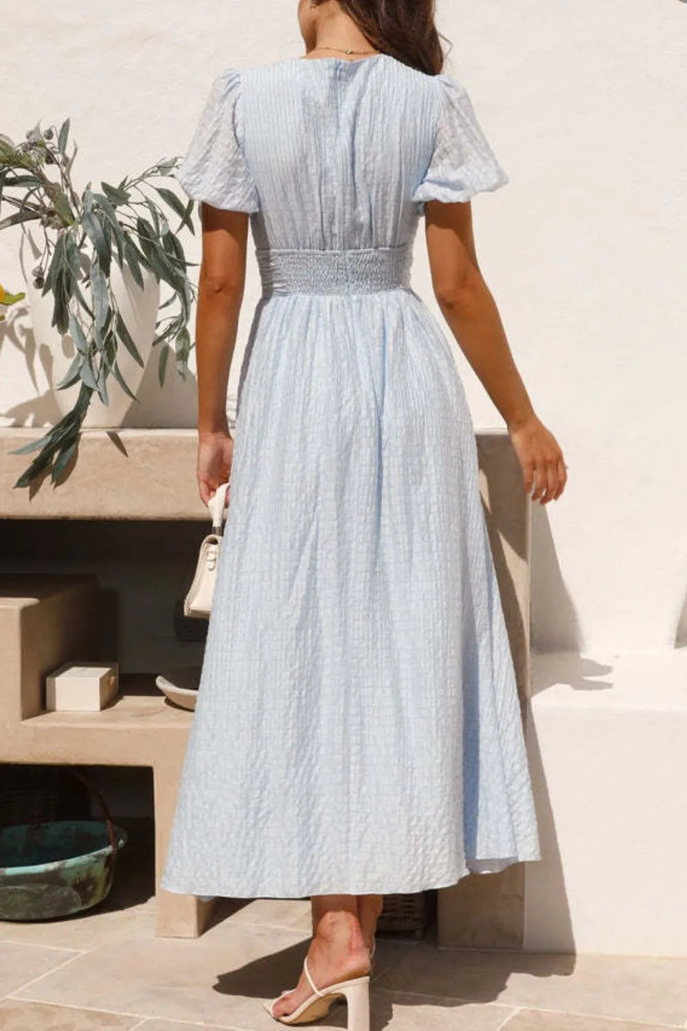 Hazel Blues® |  V-Neck Puff Short Sleeve Midi Dress