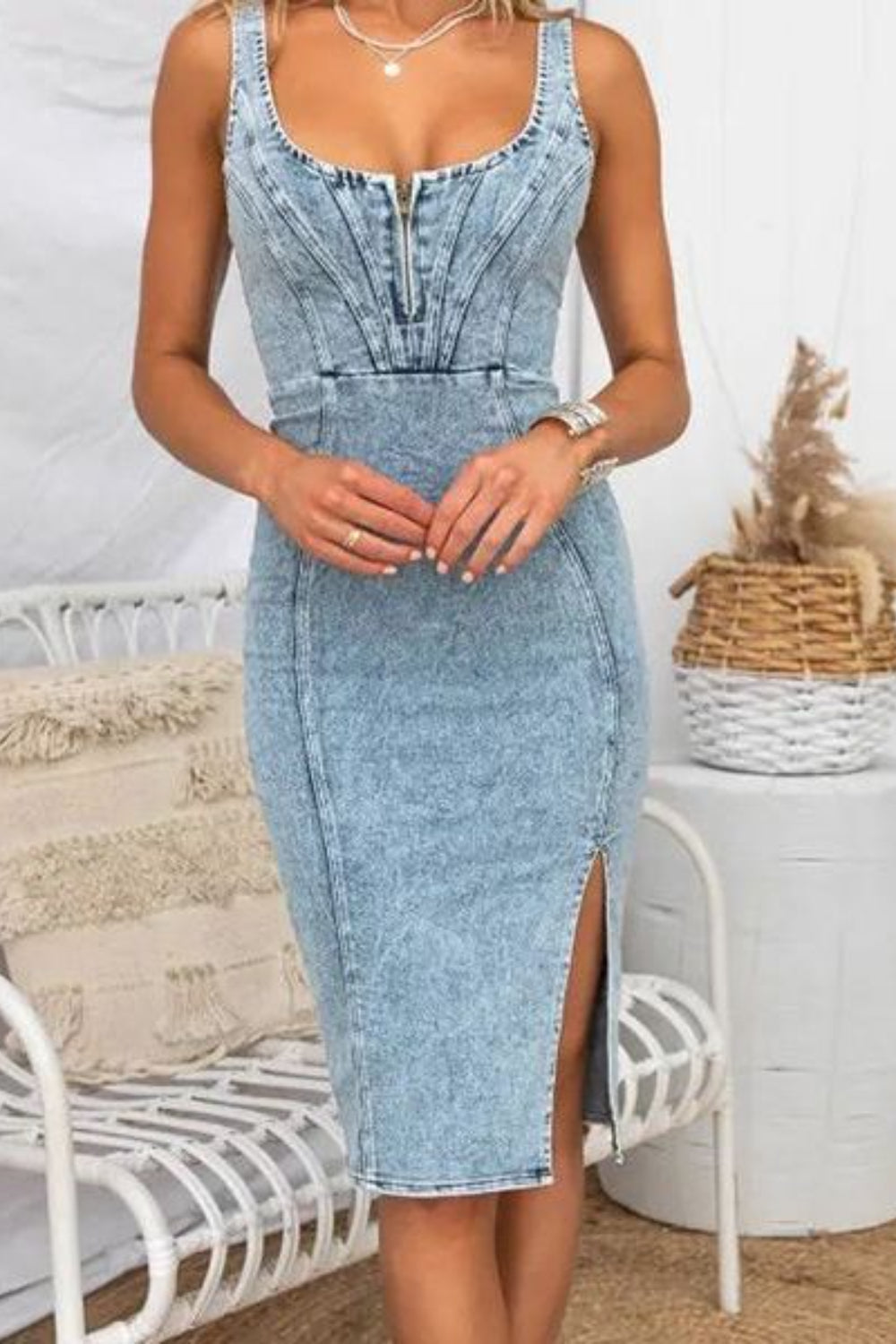 Hazel Blues® |  Side Slit Washed Scoop Neck Denim Dress