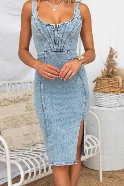 Hazel Blues® |  Side Slit Washed Scoop Neck Denim Dress