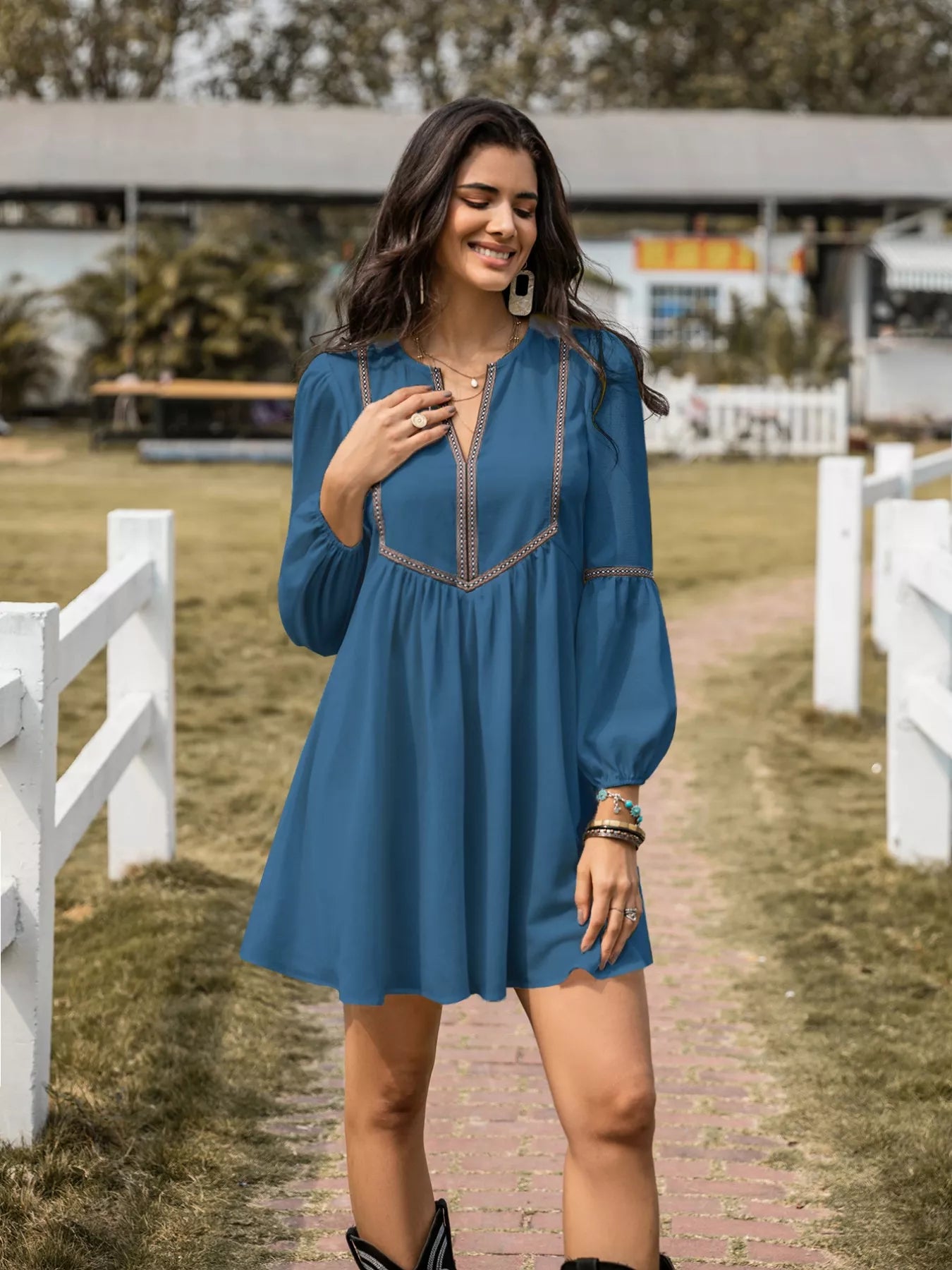 Hazel Blues® |  Notched Balloon Sleeve Mini Dress