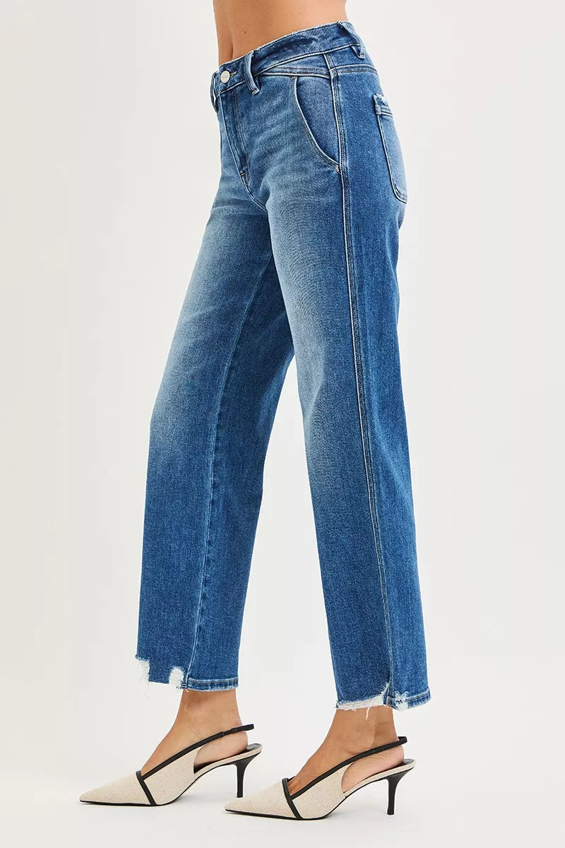 Hazel Blues® |  RISEN High Rise Ankle Straight Distressed Hem Detail Jeans