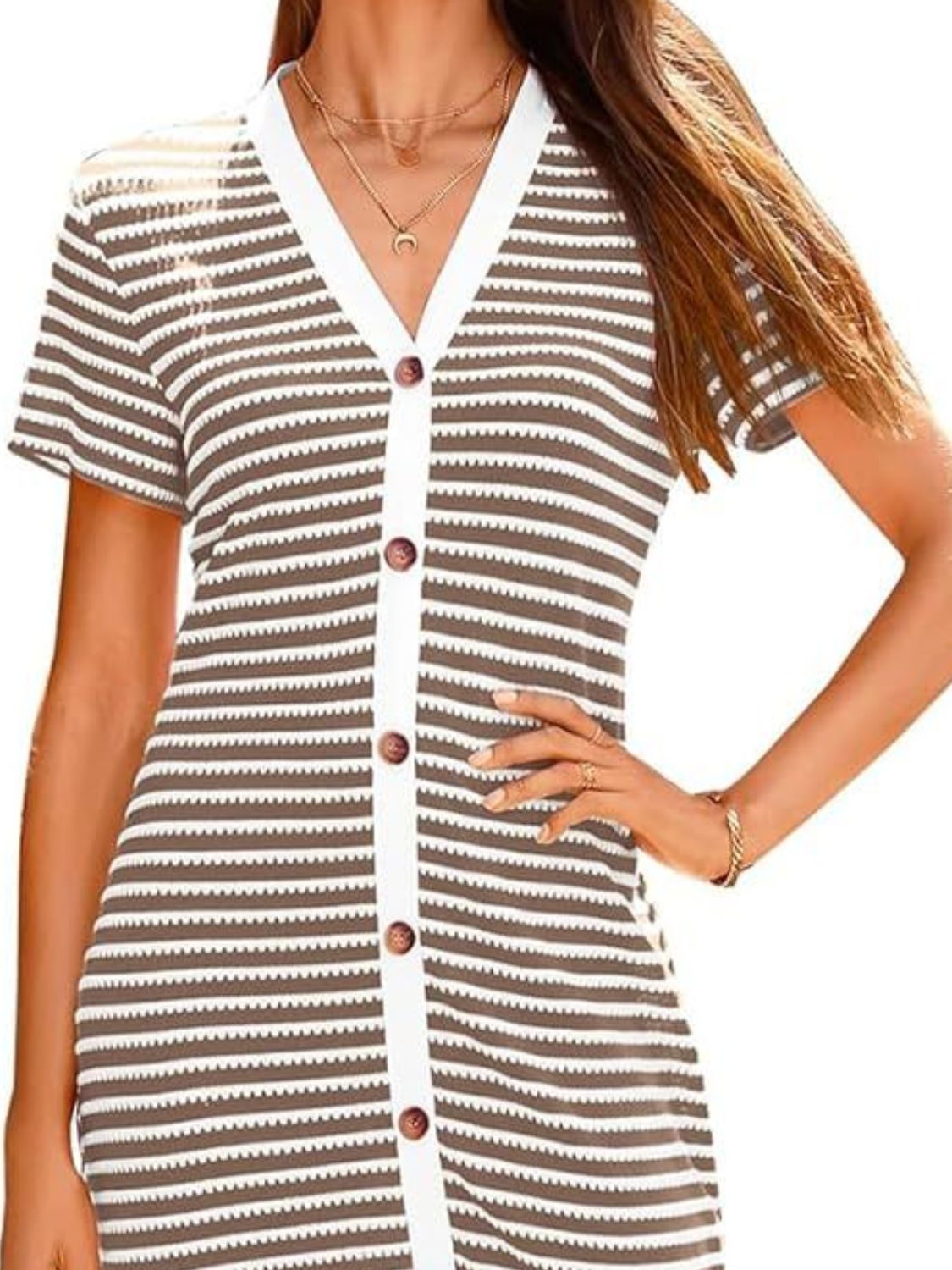 Hazel Blues® |  Contrast Striped V-Neck Short Sleeve Midi Dress