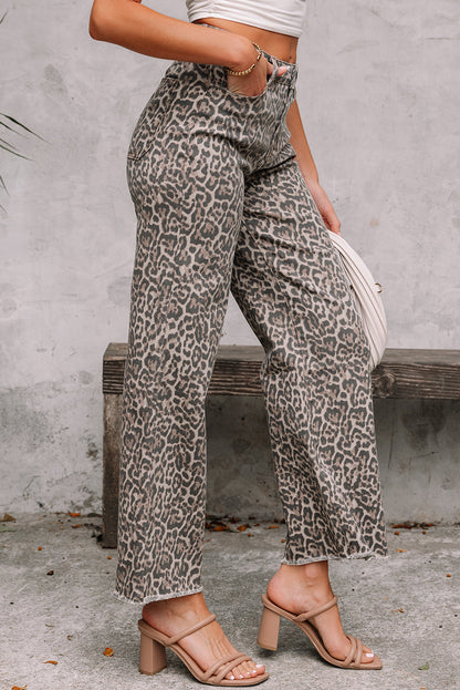 Hazel Blues® |  Gray Leopard Frayed Edge Wide Leg High Waist Jeans